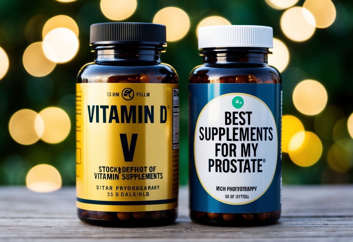 A bottle of vitamin D supplements placed next to a bottle labeled "Best supplements for my prostate."