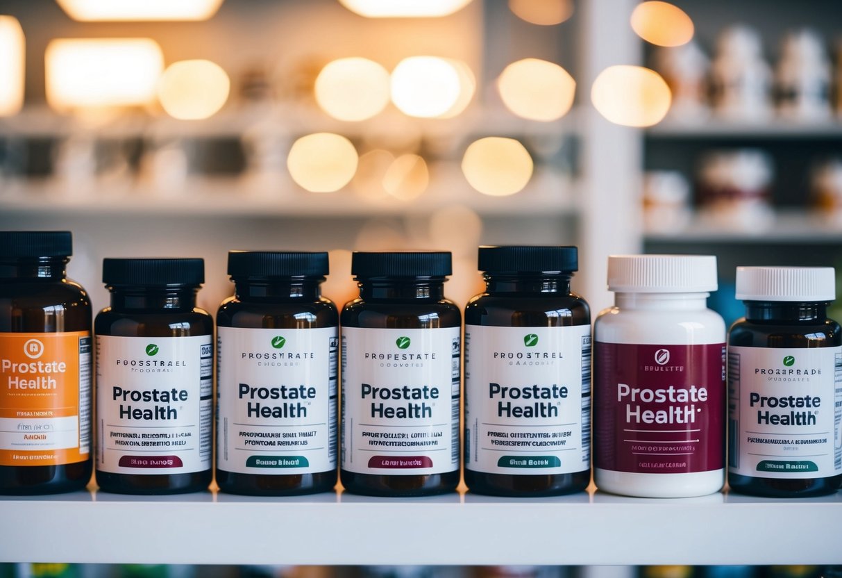A shelf with various bottles and containers of supplements labeled for prostate health
