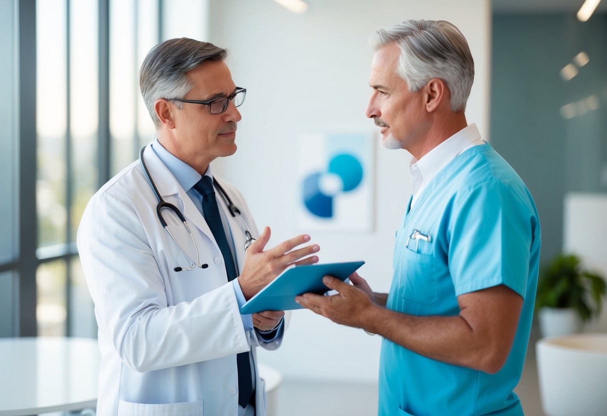 A doctor discussing BPH treatments with a patient in a modern clinic setting