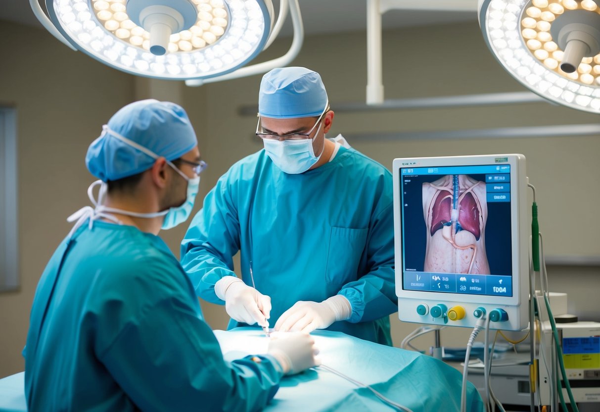 A surgeon performing a minimally invasive procedure to treat BPH using specialized medical equipment and a monitor displaying the patient's anatomy