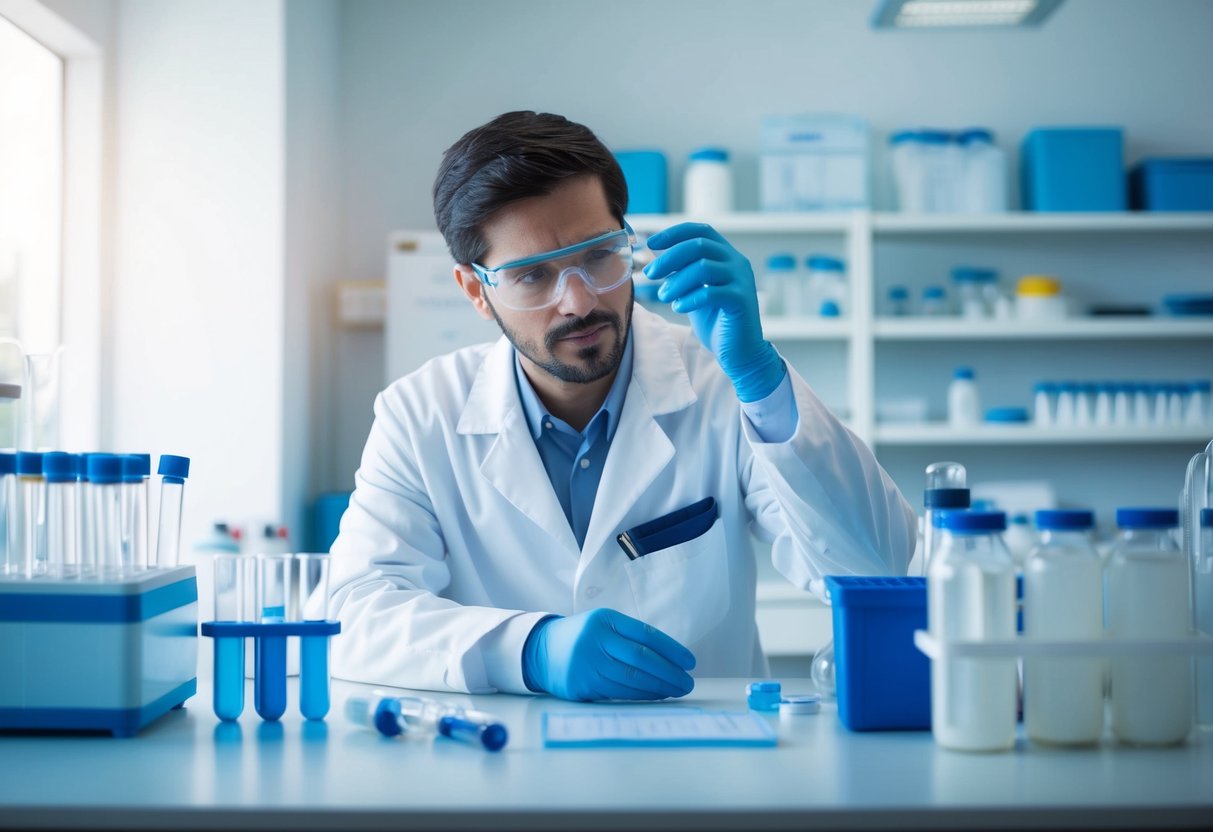 A scientist in a lab, surrounded by test tubes and equipment, analyzing data on emerging treatments for BPH
