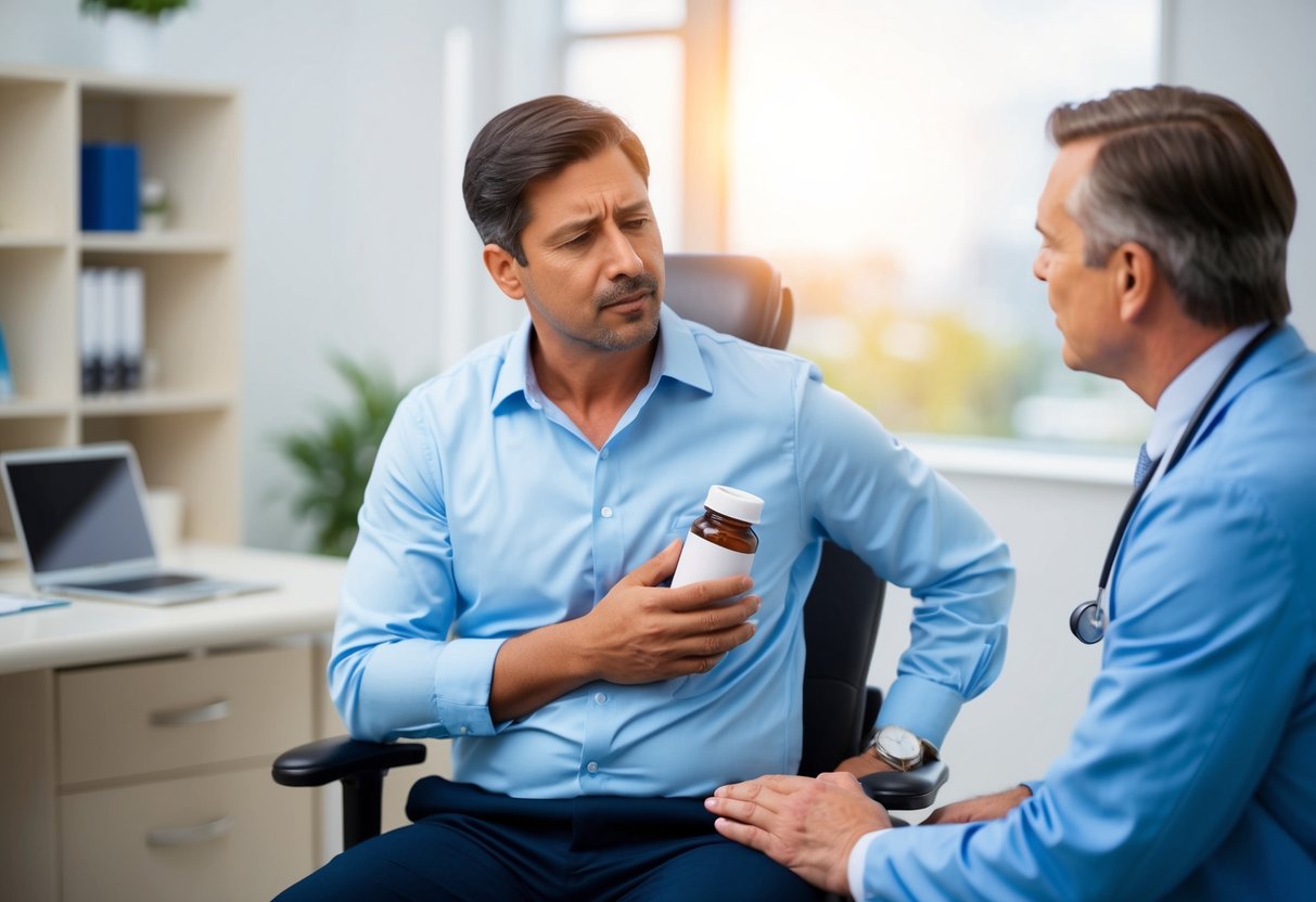 A man sits in a doctor's office, holding a prescription bottle. He looks uncomfortable, with a hand on his stomach. The doctor is explaining potential side effects of BPH treatment