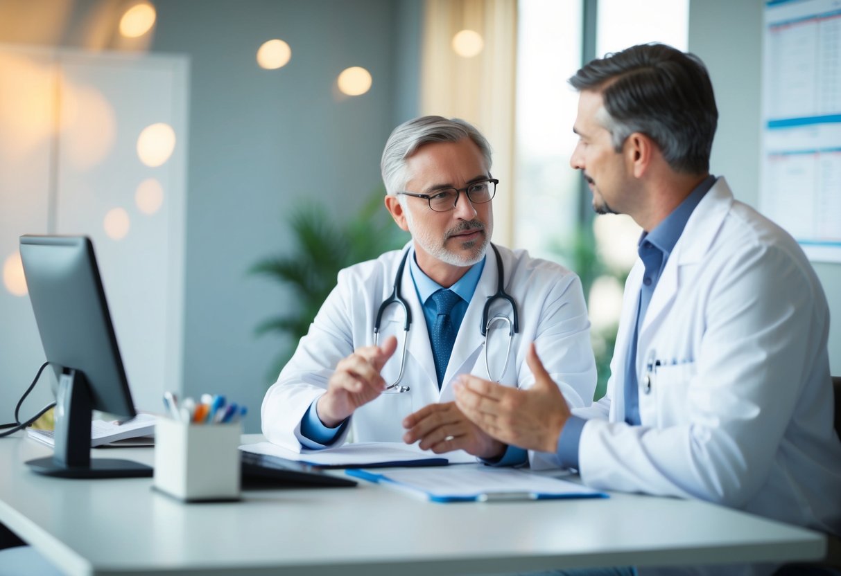 A doctor discussing treatment options with a patient in a clinic office. Medical equipment and charts are visible in the background