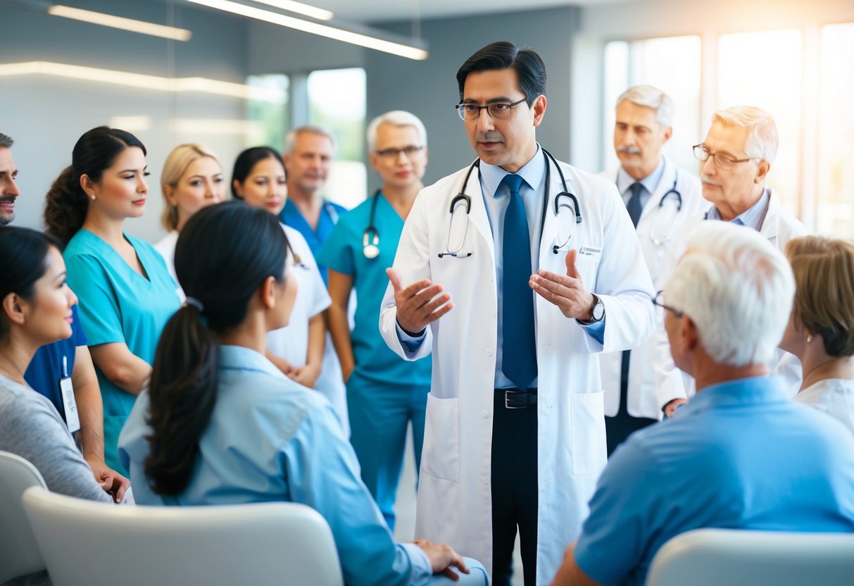 A doctor explaining BPH treatment options to a group of attentive patients in a modern clinic setting