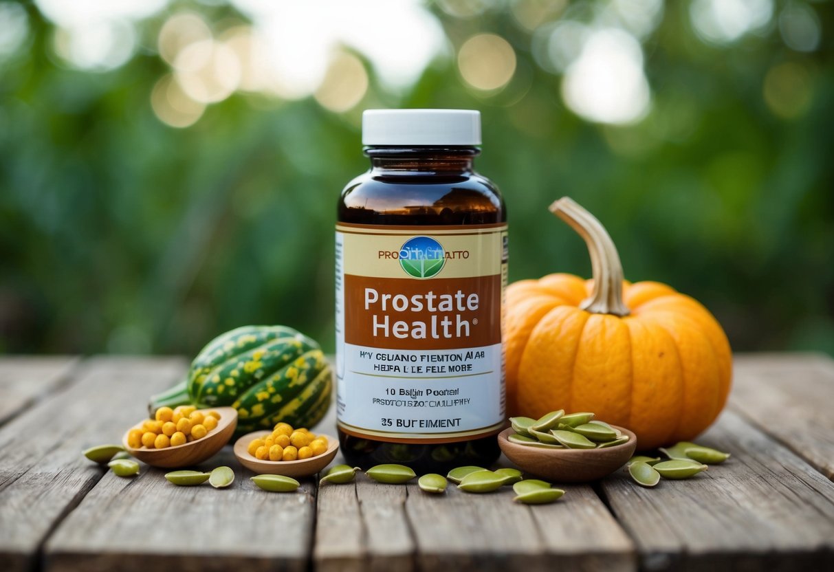 A bottle of prostate health supplements surrounded by natural elements like saw palmetto berries and pumpkin seeds