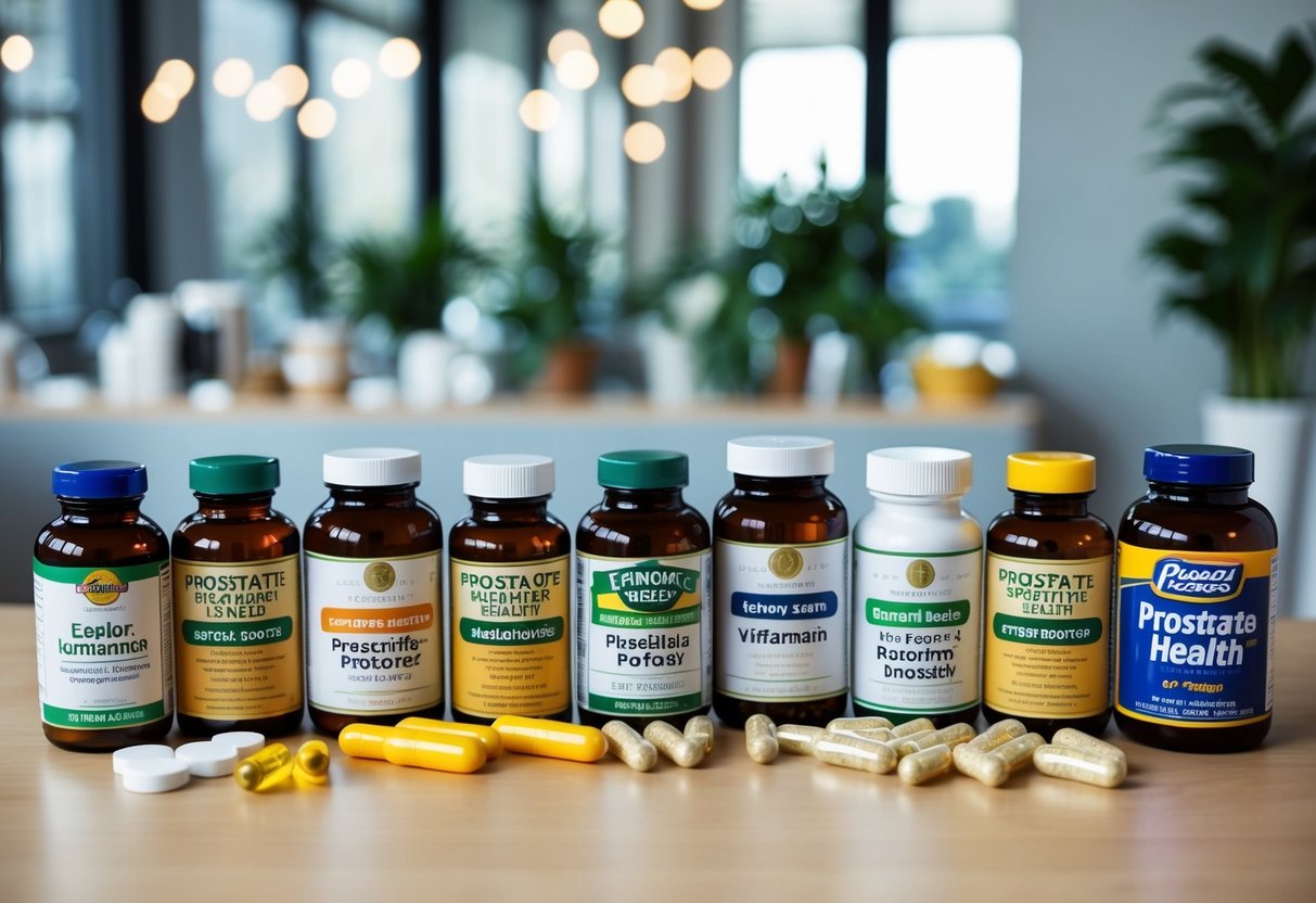 A collection of various supplements and vitamins arranged neatly on a table, with a focus on those specifically designed for prostate health