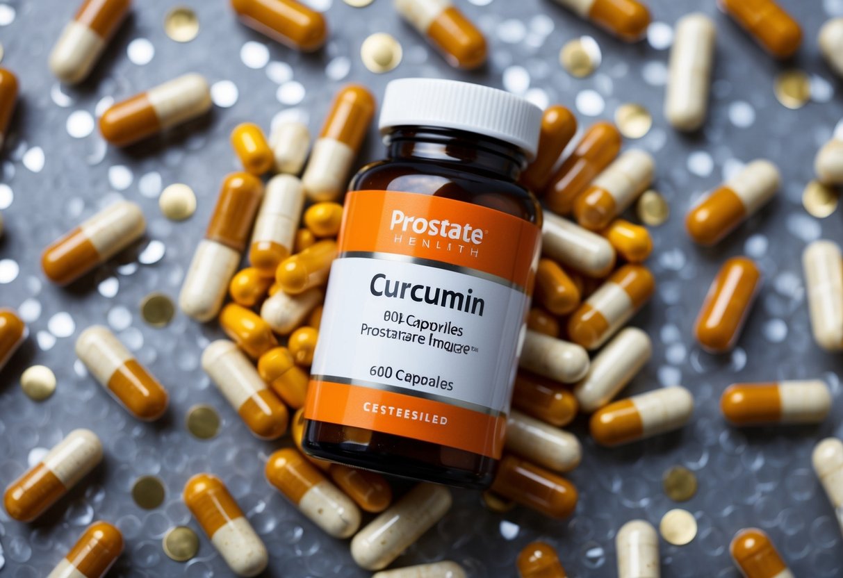 A bottle of curcumin capsules surrounded by prostate health imagery