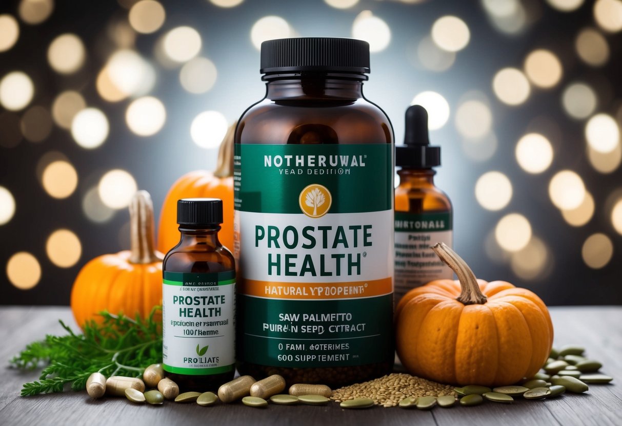 A bottle of prostate health supplements surrounded by various natural ingredients such as saw palmetto, lycopene, and pumpkin seed extract