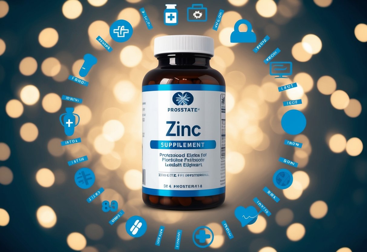 A bottle of zinc supplements surrounded by prostate health imagery and symbols