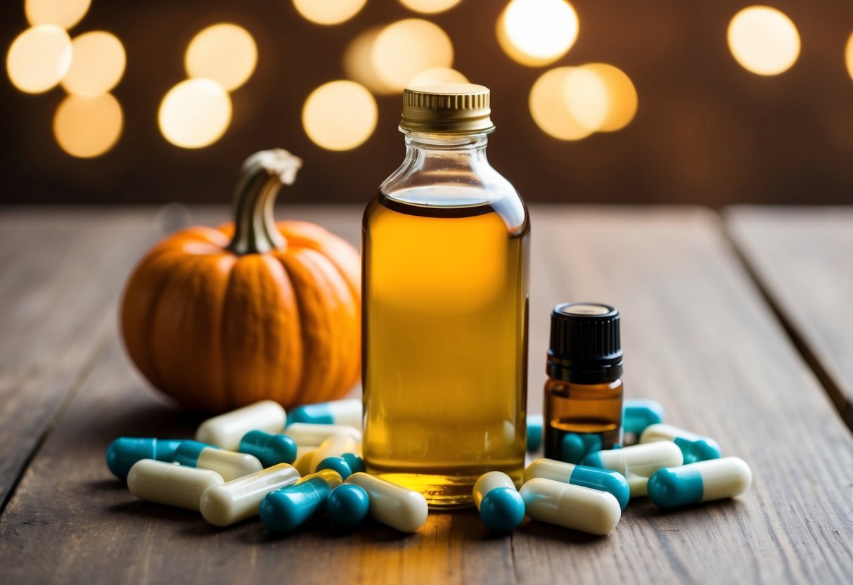 A bottle of pumpkin seed oil surrounded by prostate health supplements