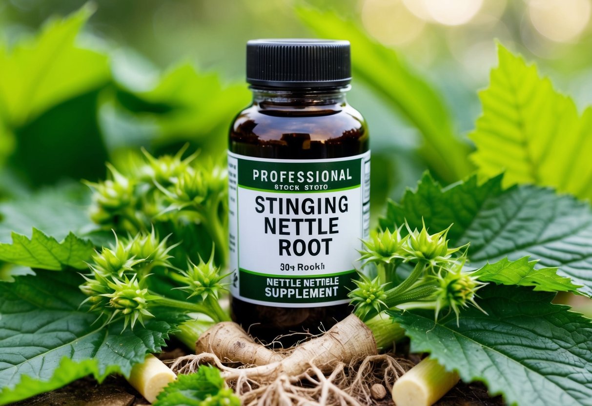 A bottle of stinging nettle root supplements surrounded by fresh, green nettle leaves and roots