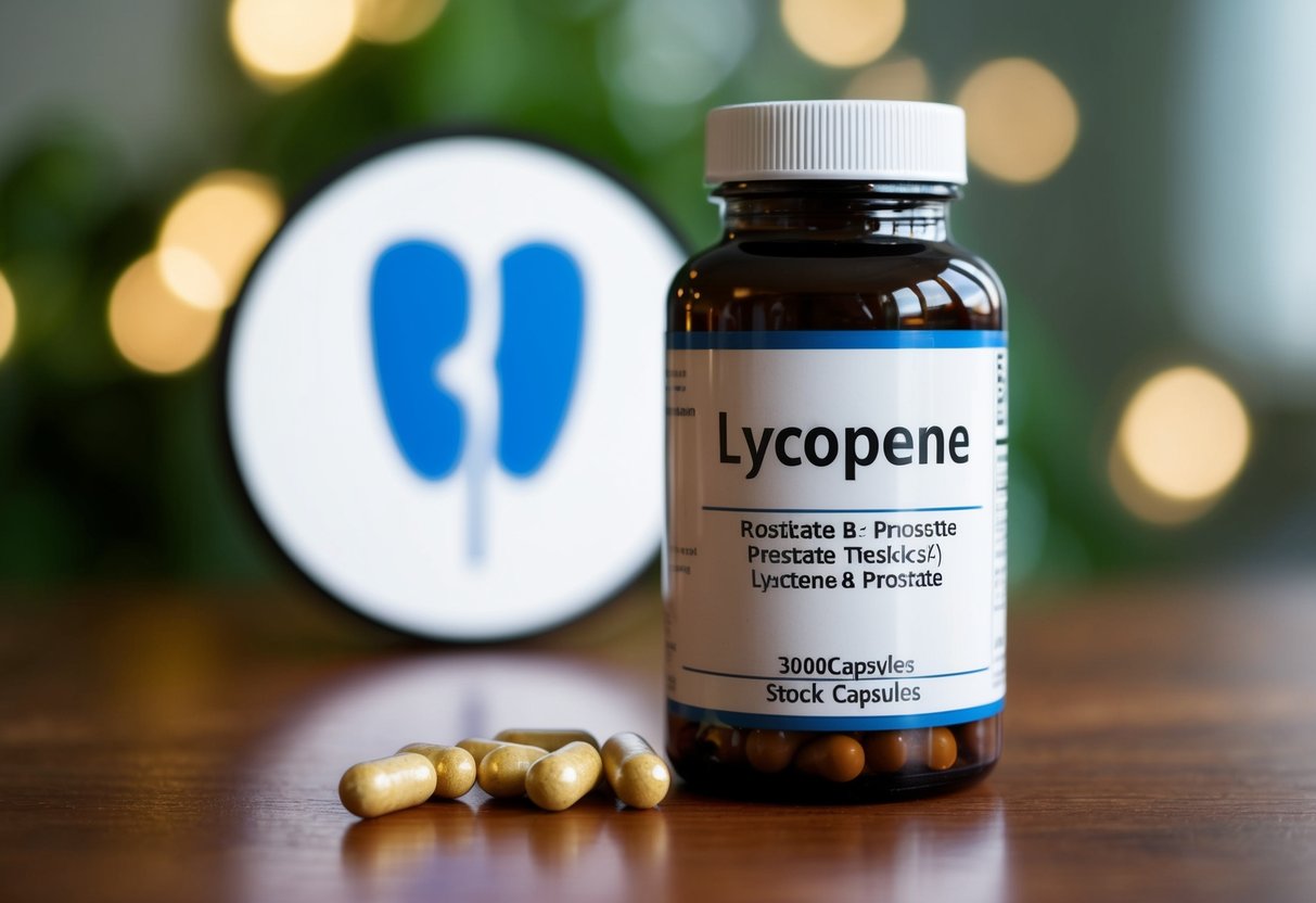 A bottle of lycopene capsules sitting on a wooden table with a prostate symbol in the background
