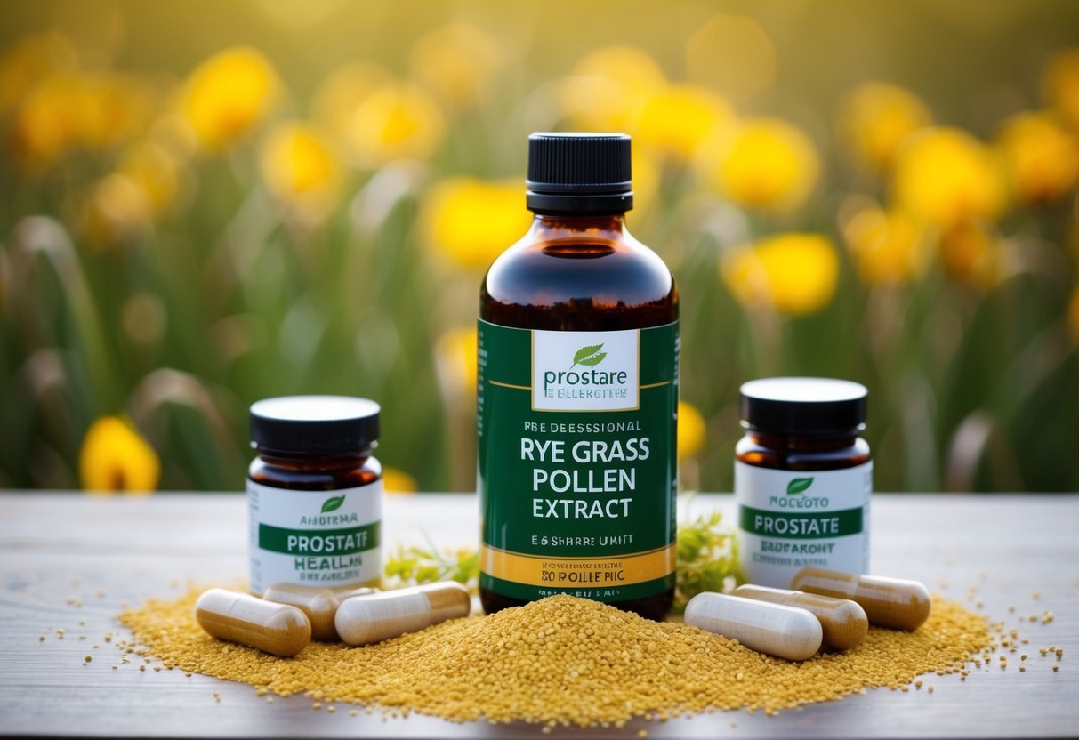 A bottle of rye grass pollen extract surrounded by prostate health supplements