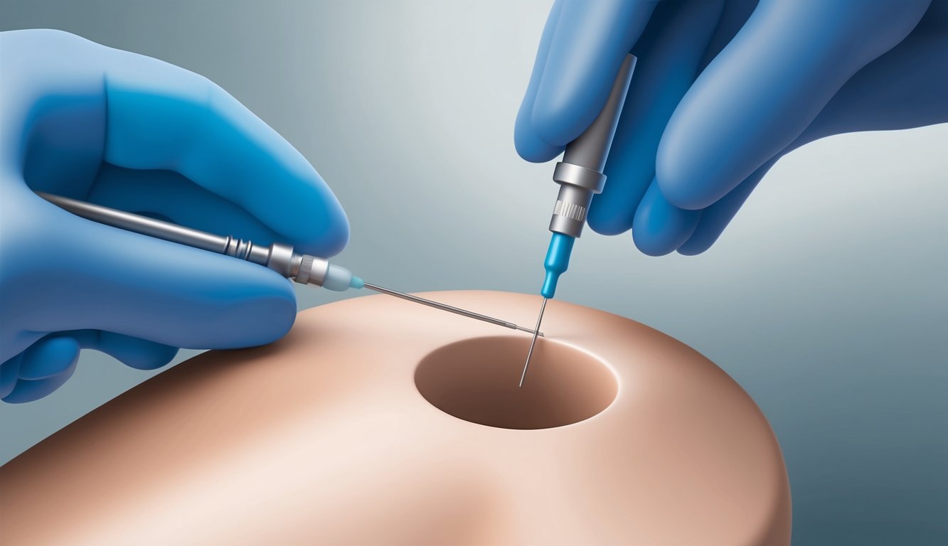 A doctor inserts a needle into the urethra, guided by ultrasound. The needle delivers low-level radiofrequency energy to treat benign prostatic hyperplasia