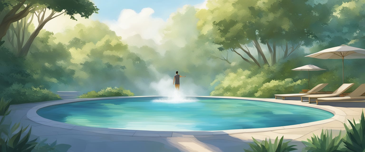 A serene pool with steam rising, surrounded by lush greenery and a clear blue sky above. A person may be seen enjoying the therapeutic effects of the water