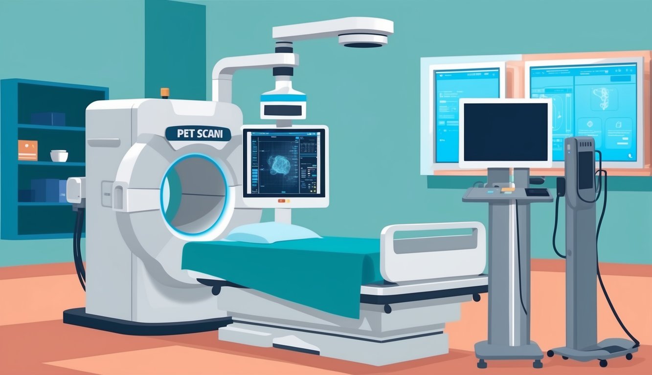 A PET scan machine with a patient bed, monitor, and scanning equipment in a clinical setting