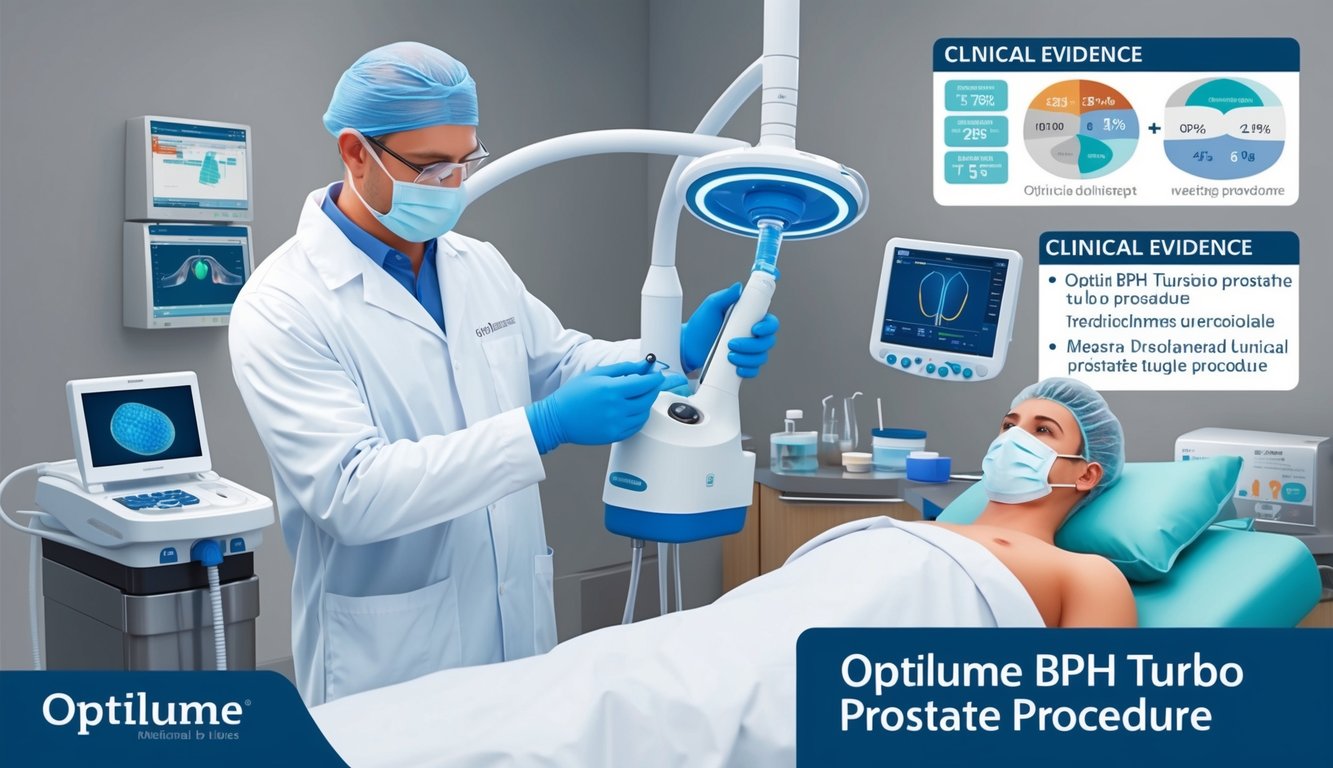 A urologist performing the Optilume BPH TURBO Prostate Procedure with medical equipment and clinical evidence displayed in the background