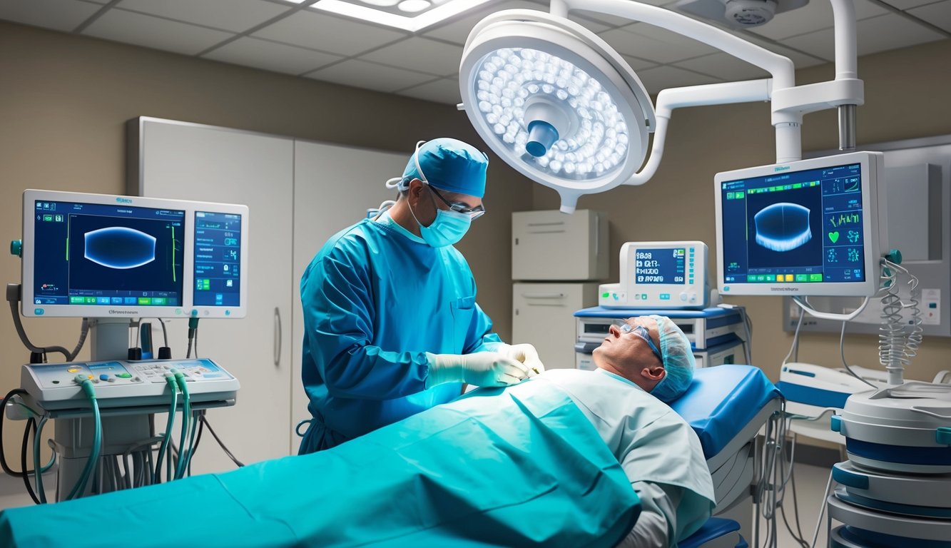 A urologist performing the Optilume BPH TURBO Prostate Procedure on a patient, with medical equipment and monitors surrounding them in a sterile operating room