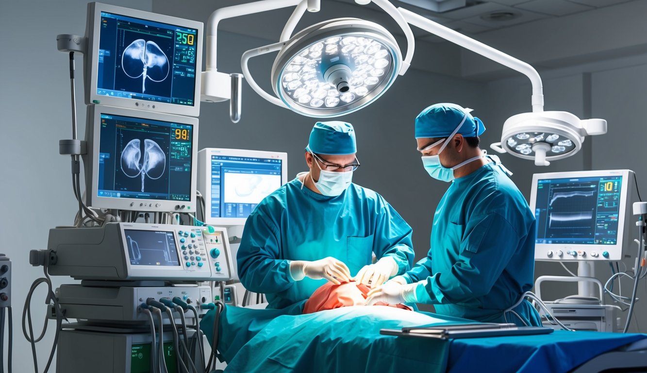 A surgeon performing a transurethral resection of the prostate, with medical equipment and monitors surrounding the operating table