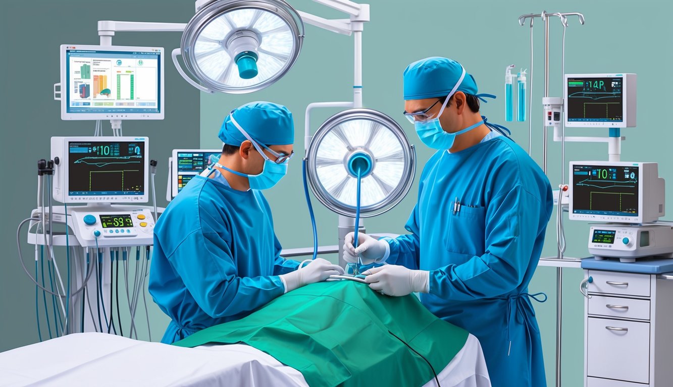 A surgeon performing transurethral resection of the prostate, surrounded by medical equipment and monitors, with a focus on the procedure's outcomes and potential complications