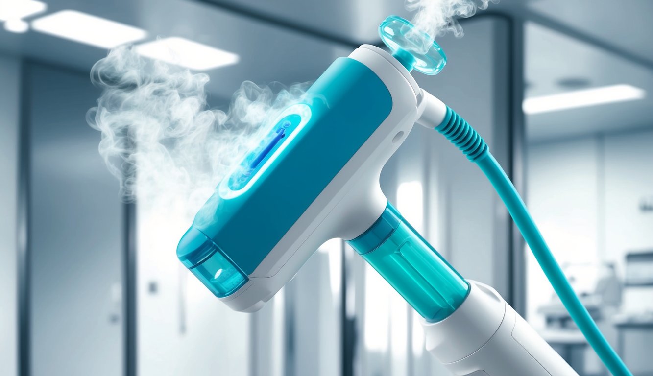 A clear, close-up view of a medical device emitting vapor, surrounded by a sterile and clinical environment
