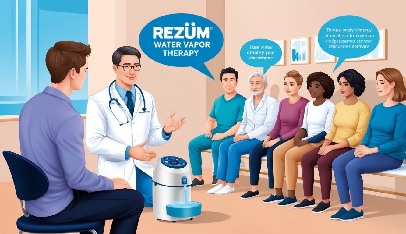 A doctor explaining REZUM Water Vapor Therapy to a group of patients in a clinic setting