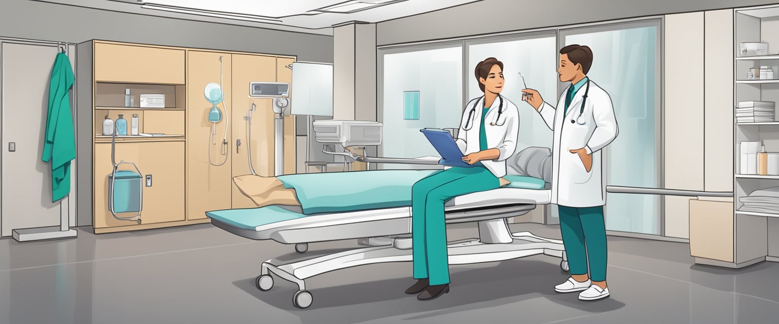 A doctor explaining UroLift procedure to a patient in a clinic setting, using diagrams and visual aids to illustrate the process and its benefits