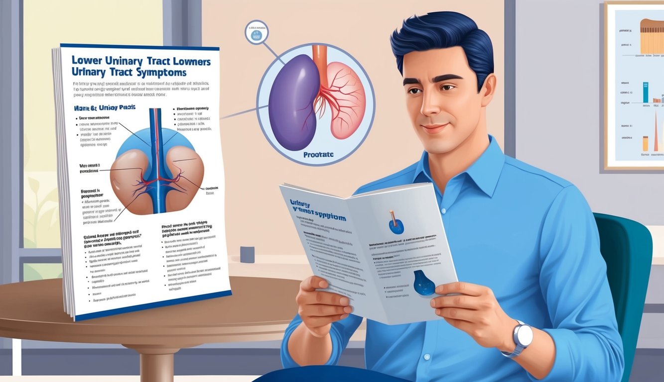 A man reading a pamphlet on lower urinary tract symptoms with a prostate diagram in the background