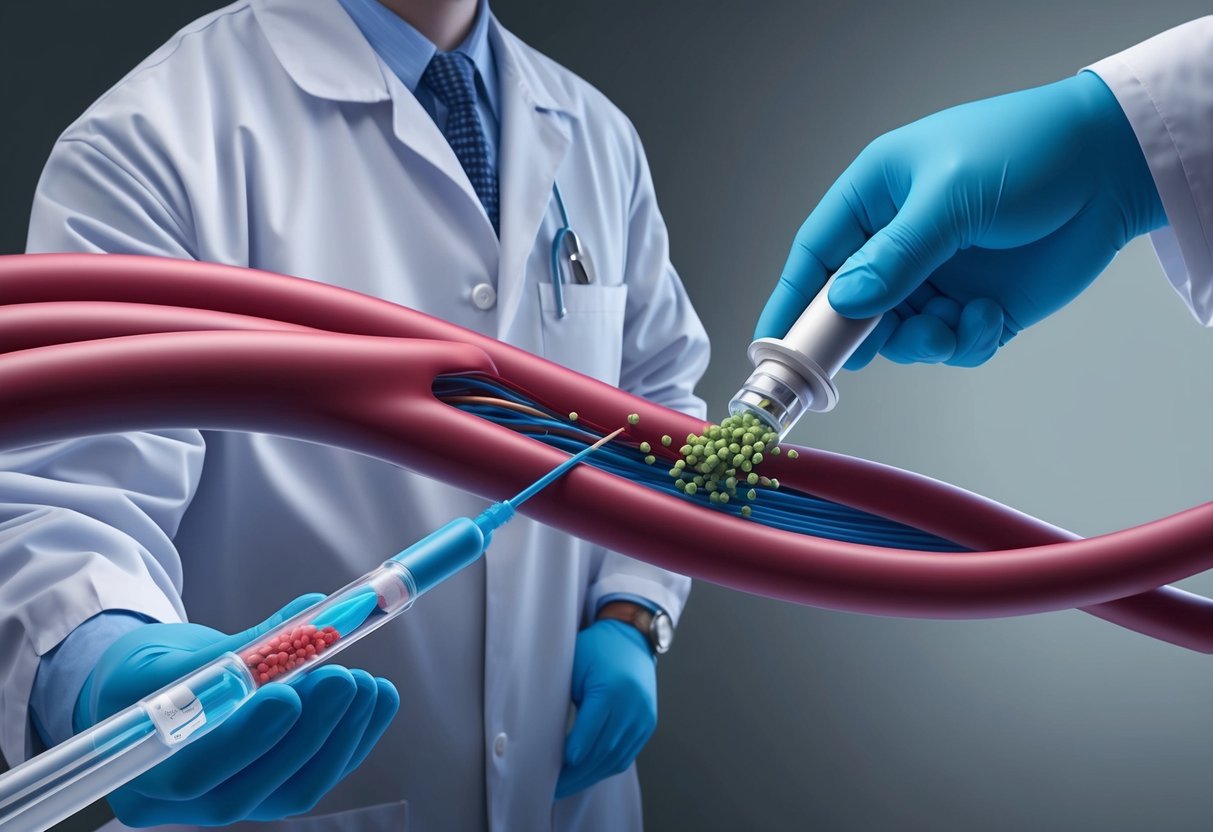 A radiologist guiding a catheter through a blood vessel towards the prostate, while tiny particles are injected to block the blood supply