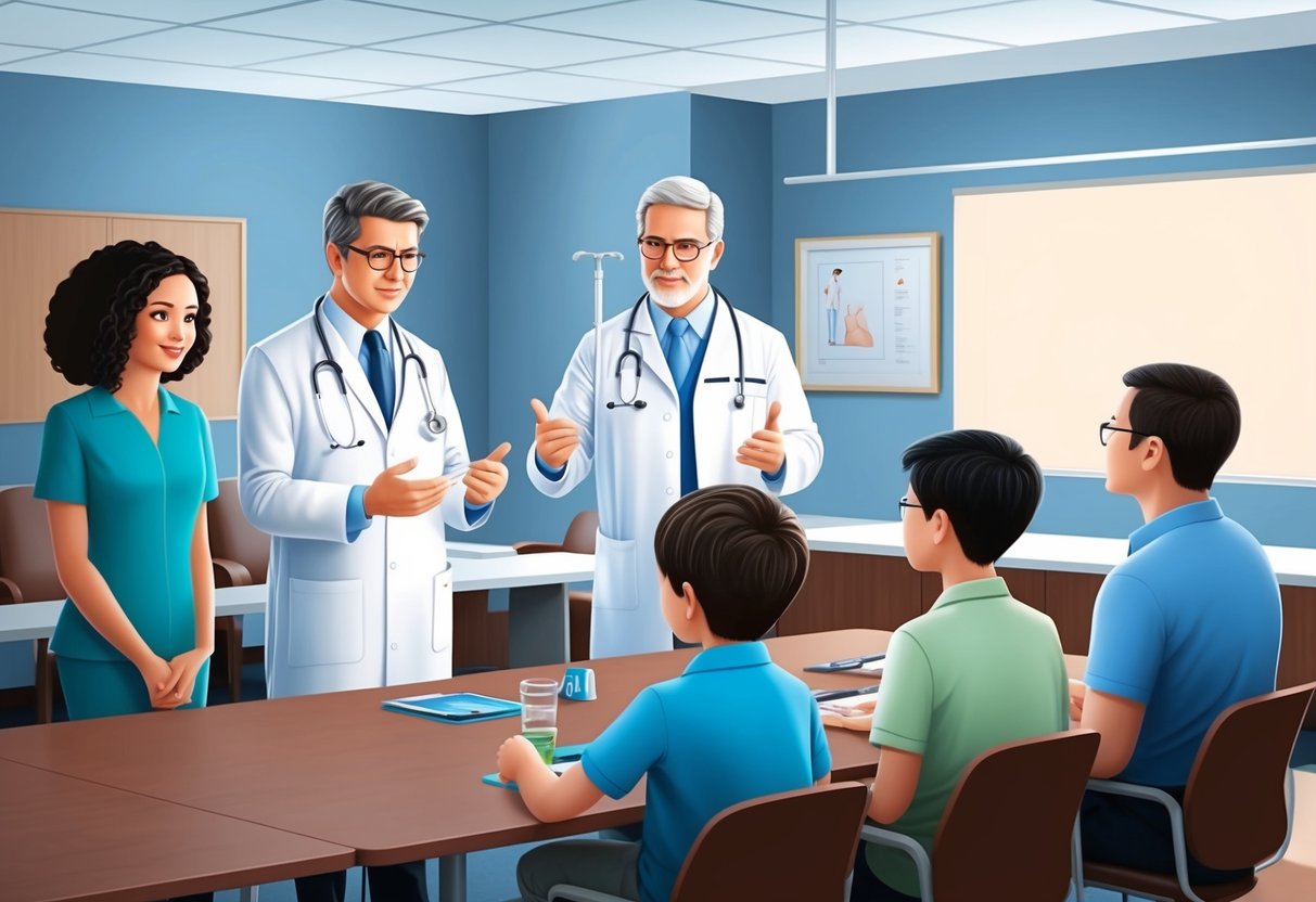 A doctor explaining the prostate artery embolization procedure to a patient's family in a hospital conference room
