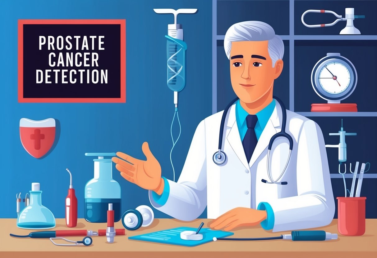 A doctor discussing prostate cancer detection with various medical tools and equipment displayed on a table