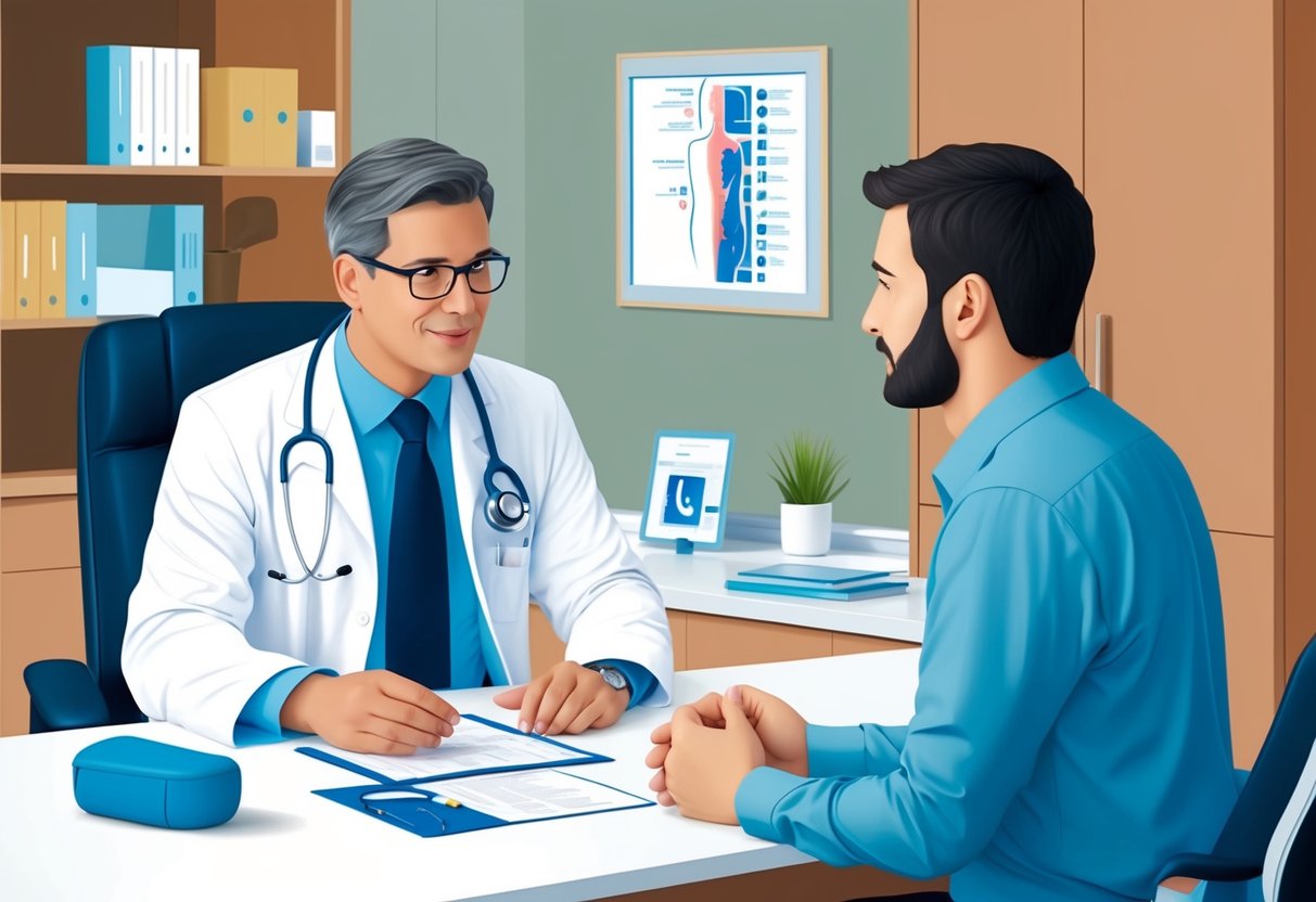 A doctor discussing prostate cancer screening options with a patient in a medical office