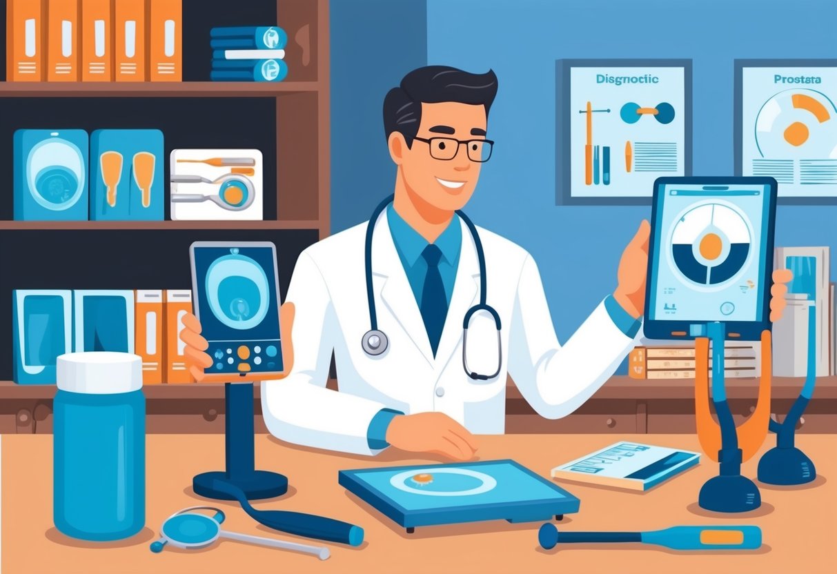 A doctor reviewing various diagnostic tools for prostate cancer detection in a medical office setting