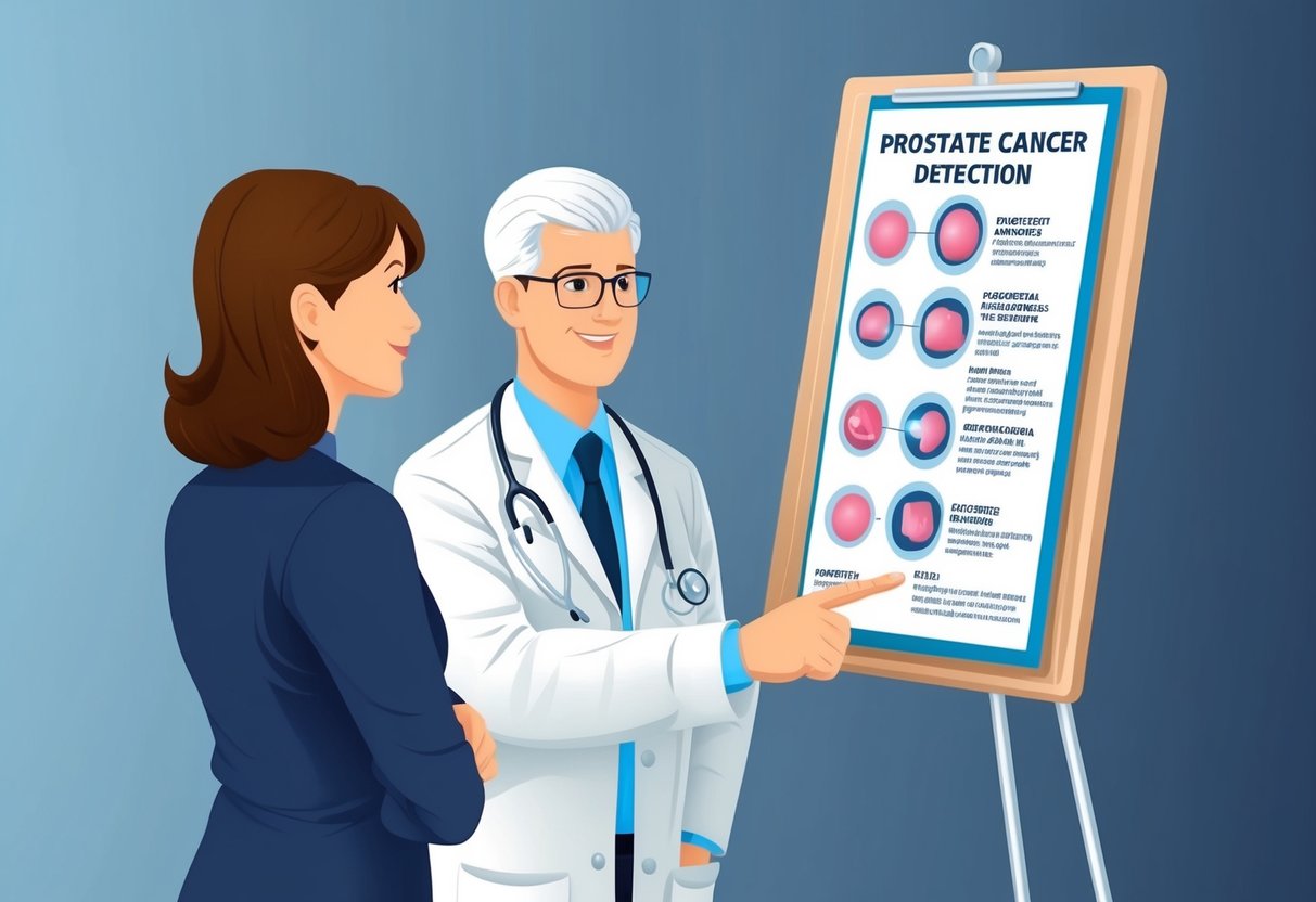 A doctor discussing treatment options with a patient, pointing to a chart showing various procedures for prostate cancer detection