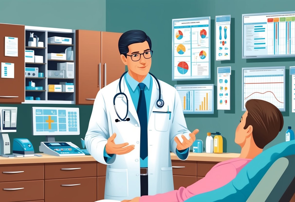 A doctor explaining treatment options to a patient, with various medical equipment and charts displayed in the background