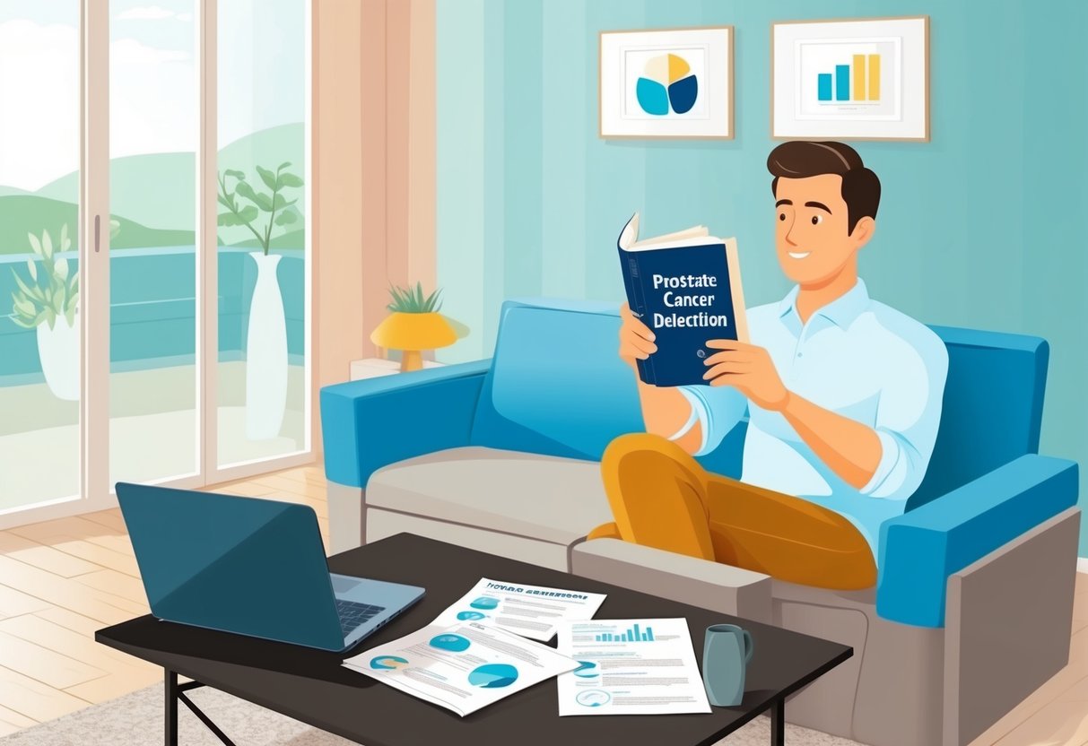 A serene, modern living room with a man reading a book on prostate cancer detection. A laptop and medical documents are spread out on the coffee table