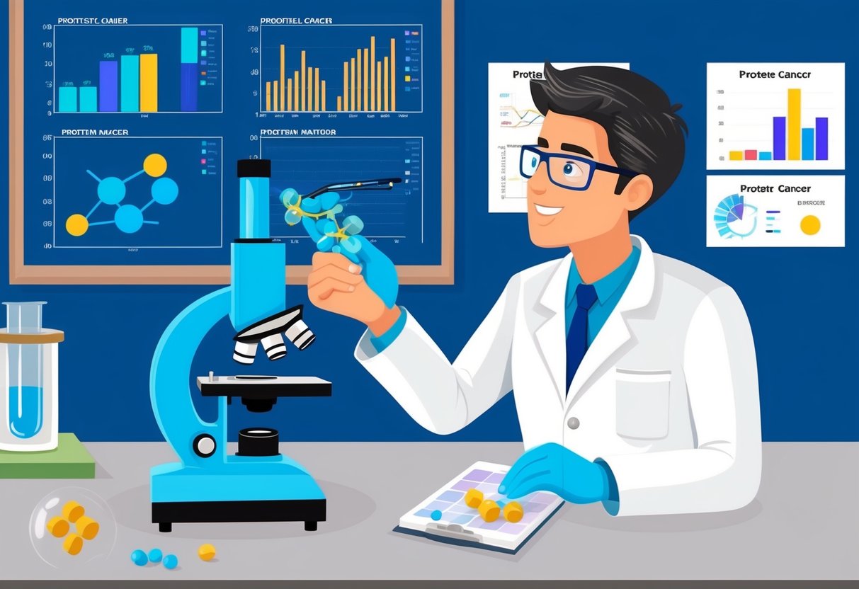 A scientist in a lab, studying a protein molecule under a microscope, with charts and graphs of prostate cancer data on the wall