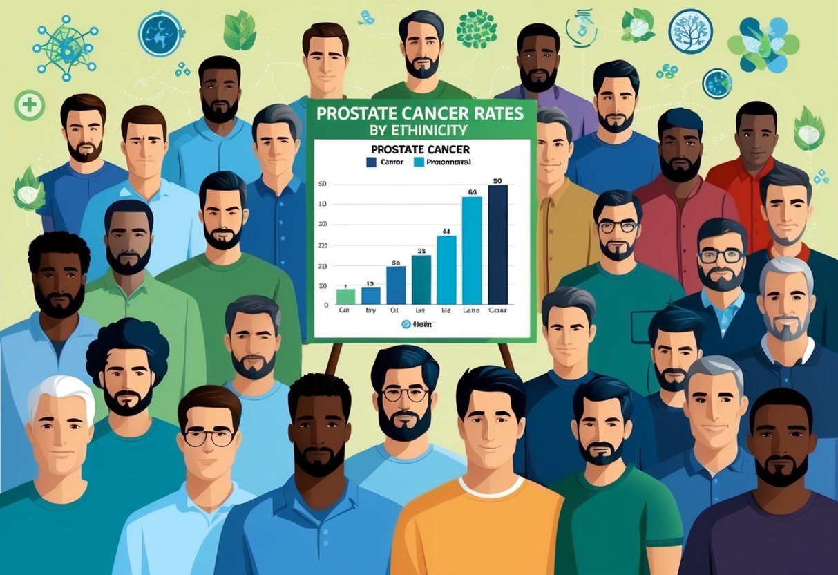 A diverse group of men surrounded by genetic and environmental symbols, with a large graph showing prostate cancer rates by ethnicity