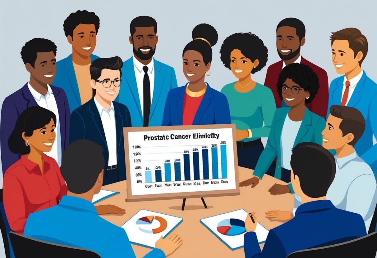 A diverse group of people gathered around a chart or graph displaying statistics on prostate cancer and ethnicity